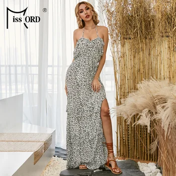 

Missord 2020 Sexy Halter Backless Ruffles Split Women Maxi Dresses Boho Off the Shoulder Women Summer Dresses M0118