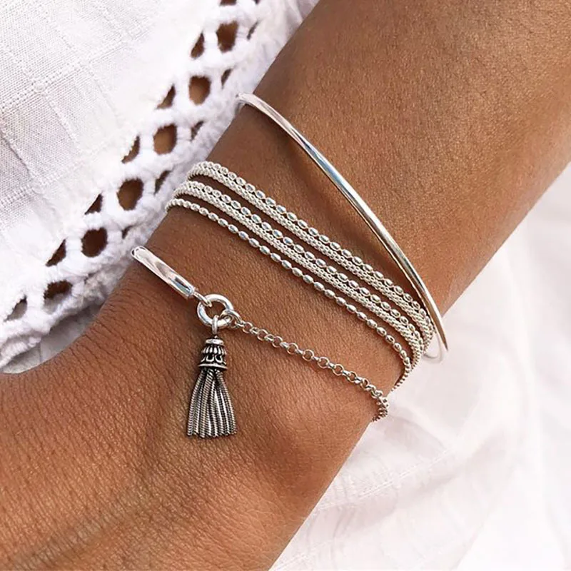 

European and American fashion personality multi-layer chain 3 piece set with simple tassel bracelet for party women gifts