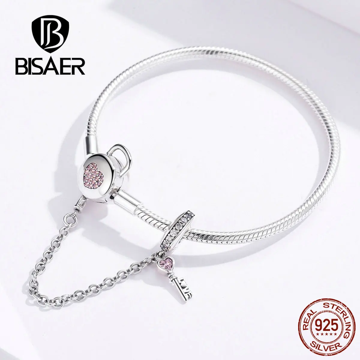 BISAER подлинный 925 пробы Серебряный Розовый CZ Ключ от сердца цепочка безопасности талисманы браслеты для женщин серебряные ювелирные изделия Pulseira GXB143