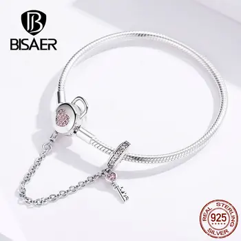 

BISAER Authentic 925 Sterling Silver Pink CZ Hearts Key Safety Chain Charms Bracelets For Women Silver Jewelry Pulseira GXB143