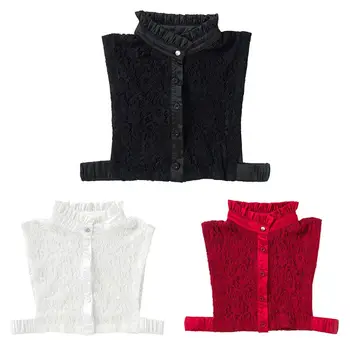 

Pleated Ruffles Stand Fake Collar Hollow-out Floral Lace Necklace Choker Buttons