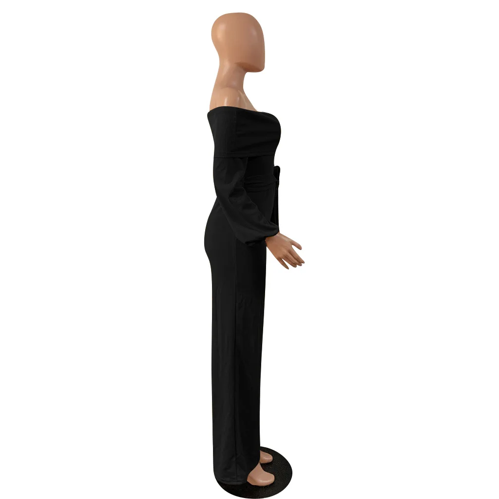 Сексуальный комбинезон с открытыми плечами, трикотажный ребристый с повязкой, длинный рукав, длинные широкие штаны, комбинезоны, женский комбинезон, 4 цвета