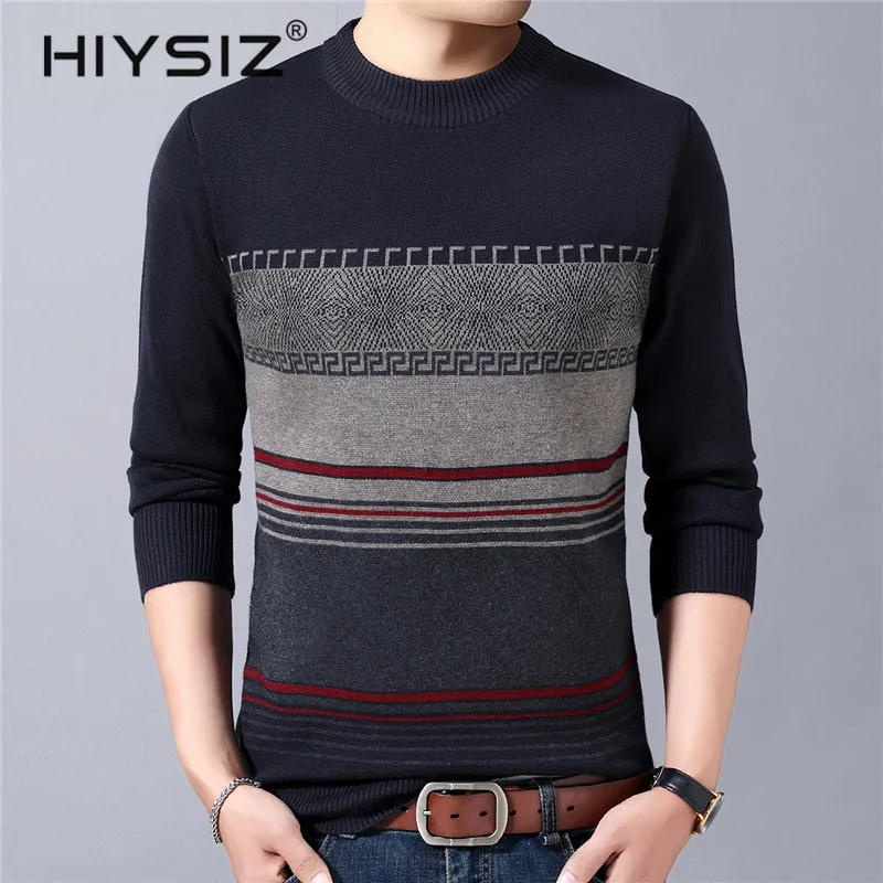 HIYSIZ бренд Pull Homme уличная одежда свитер Мужская одежда Осень Зима Модный Полосатый приталенный свитер с круглым вырезом для мужчин H3013