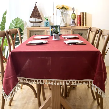 

Solid Color Tablecothes Tassel Table Cover Red Rectangle Table Decoration Waterproof Oilproof Table Protector