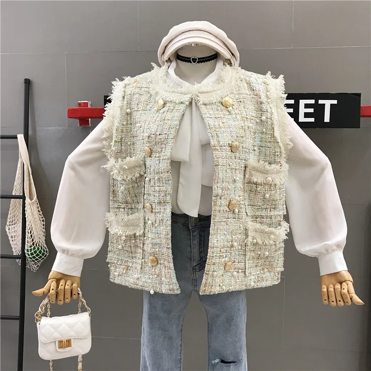 

2019 New Autumn Tweed Vest Women's Pearl Beads Thin Double-breasted Woolen Sleeveless Jacket Female Students Coat