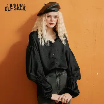 

ELFSACK Black Solid Single Breasted Casual Minimalist Shirt Women,2020 Autumn ELF Vintage Puff Sleeve,Korean Ladeis Daily Top