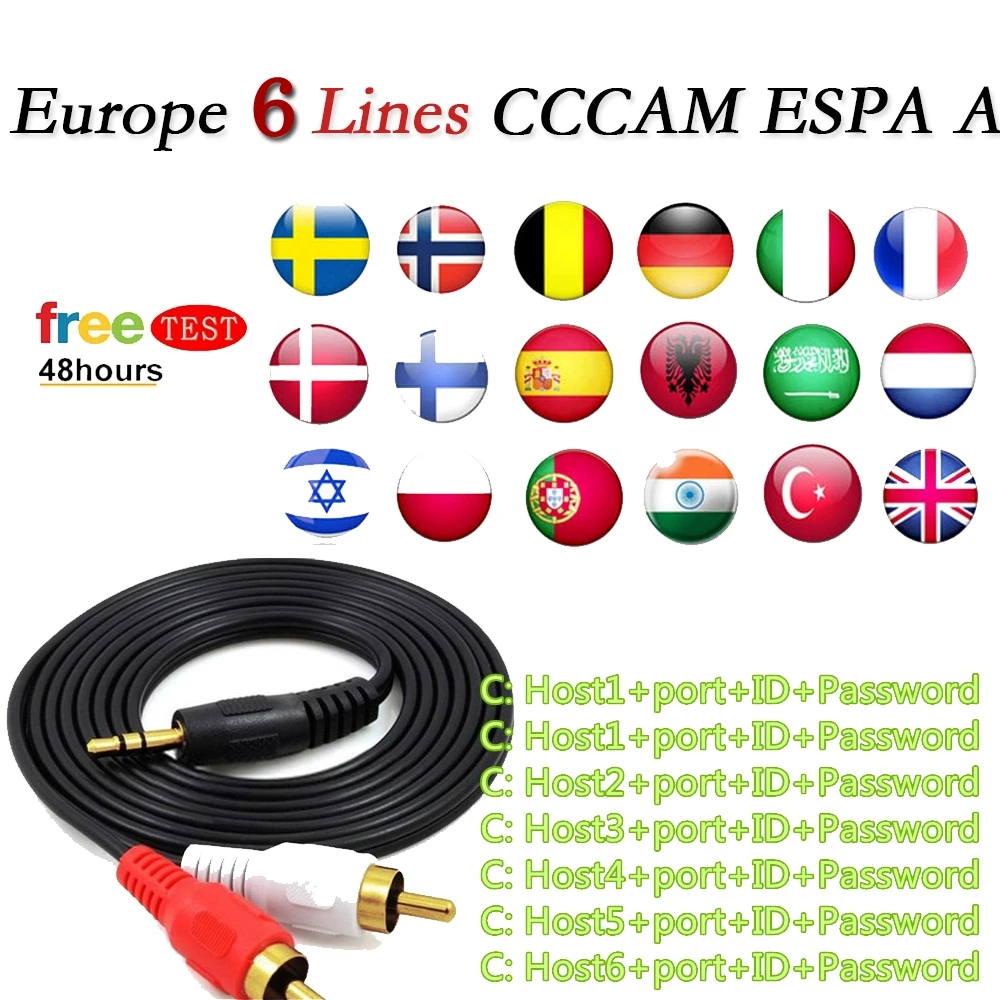 Лучший стабильный Cccam 6Cline 1 год Европа спутниковый ТВ приемник GTmedia v7s Freesat V7 6Clines Португалия сервера Европа CCcam