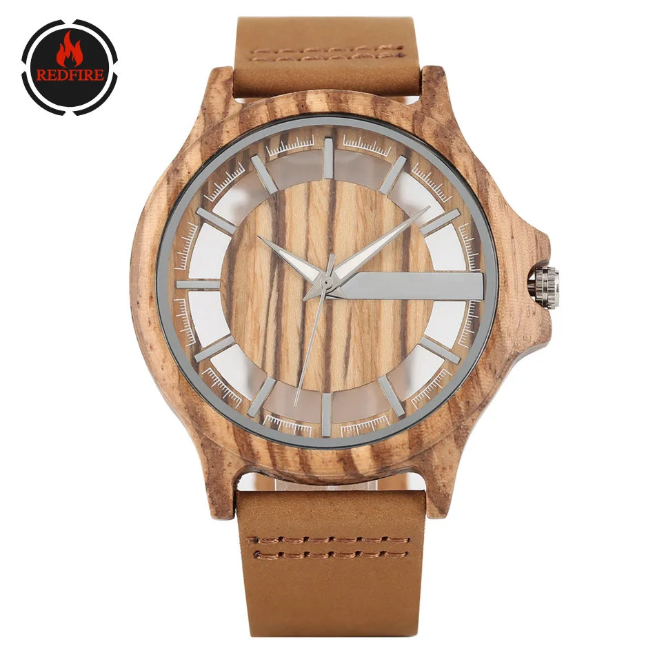 

REDFIRE Men Watch Hollow Dial Wooden Quartz Wristwatch Genuine Leather Mens Watches Unique Fashion Wood Clock reloj masculino