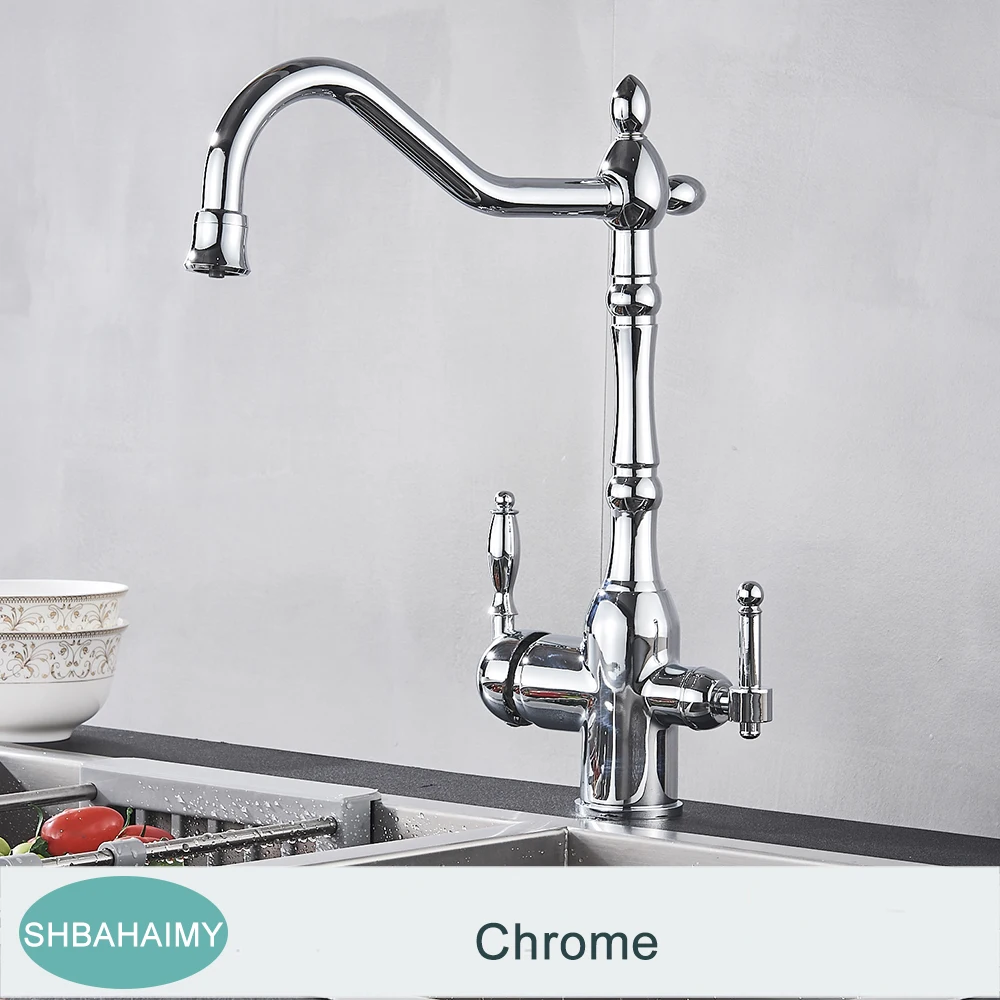 Antique Brass Filter Kitchen Faucet Drinking Pure Water Kitchen Tap Deck Mounted Dual Handles 3-Ways Hot and Cold Water Mixer kitchen faucet with sprayer Kitchen Fixtures