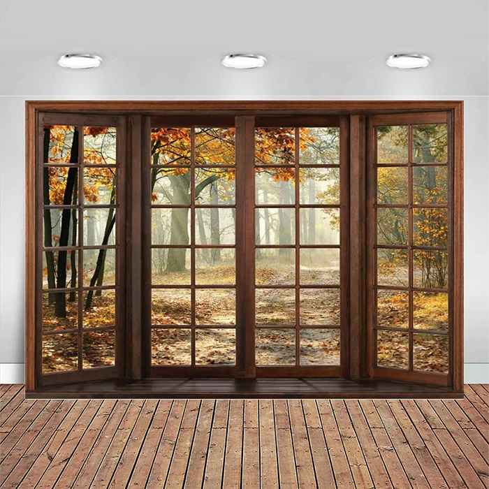 

Fall Window Backdrop Autumn Landscape Forest Photography Background Season Natural Scenery Banner Decoration Party Supplies
