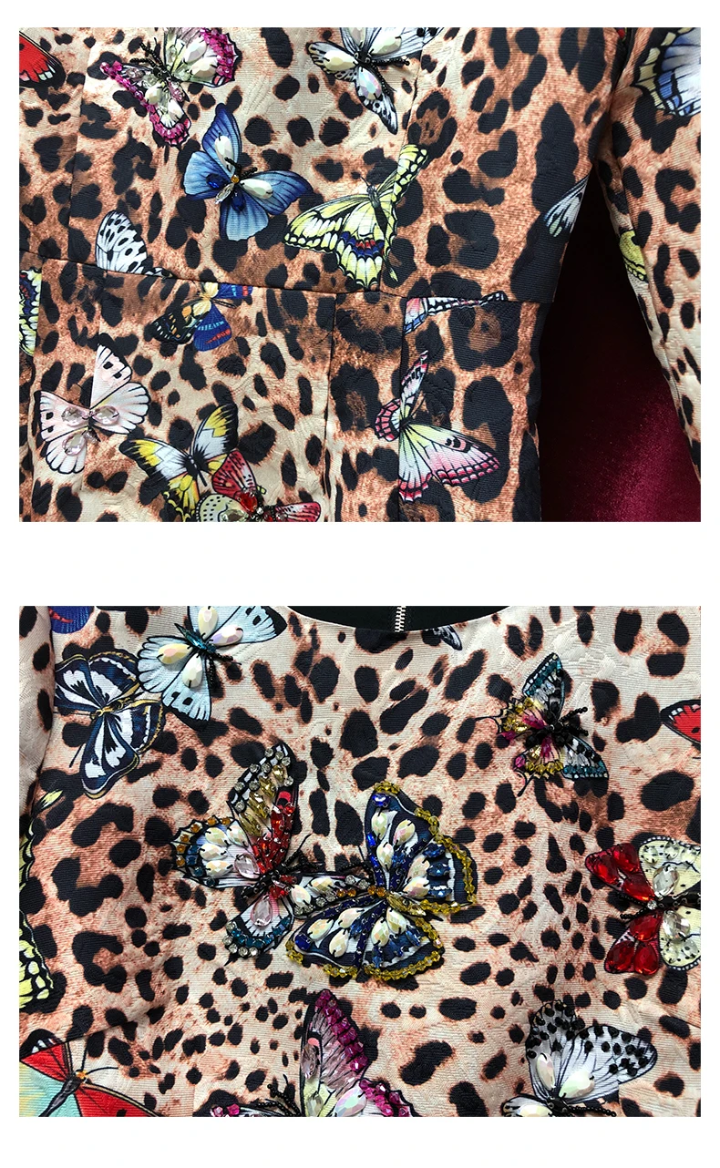 LD Linda della осень мода взлетно-посадочной Винтаж платье Для женщин 3/4 рукава и бабочками на жаккардовой ткани с леопардовым принтом бисерный принт мини платье трапециевидной формы