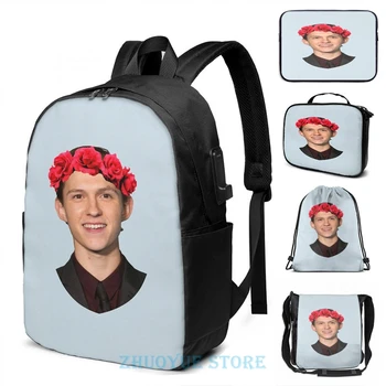 

Funny Graphic print Tom Holland Flower Crown USB Charge Backpack men School bags Women bag Travel laptop bag