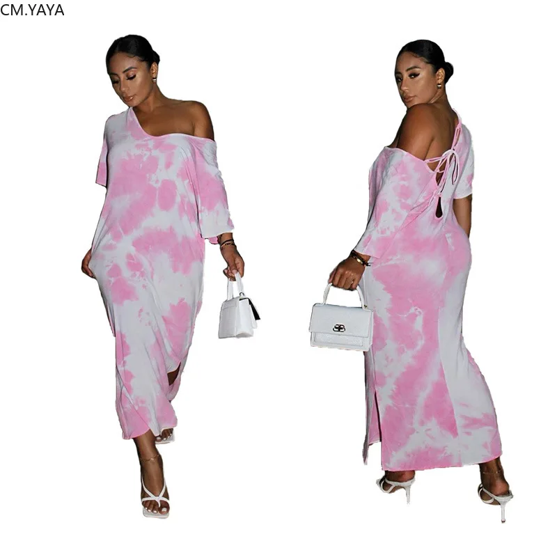 CM.YAYA women tie dye lace up back off shoulder slim maxi long dress | Женская одежда