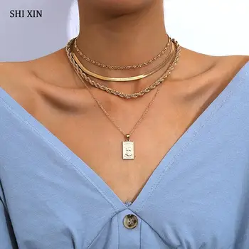 

SHIXIN Hiphop Chunky Twisted Chain With Square Pendant Necklace for Women 2020 Fashion Layered Necklace Statement Jewelry Female