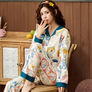 

Animal Pyjamas Suit For Women Sleepwear Leisure Pajamas Cute Full Cotton Set HomeWear Female Long Sleeve Autumn Pijamas Mujer