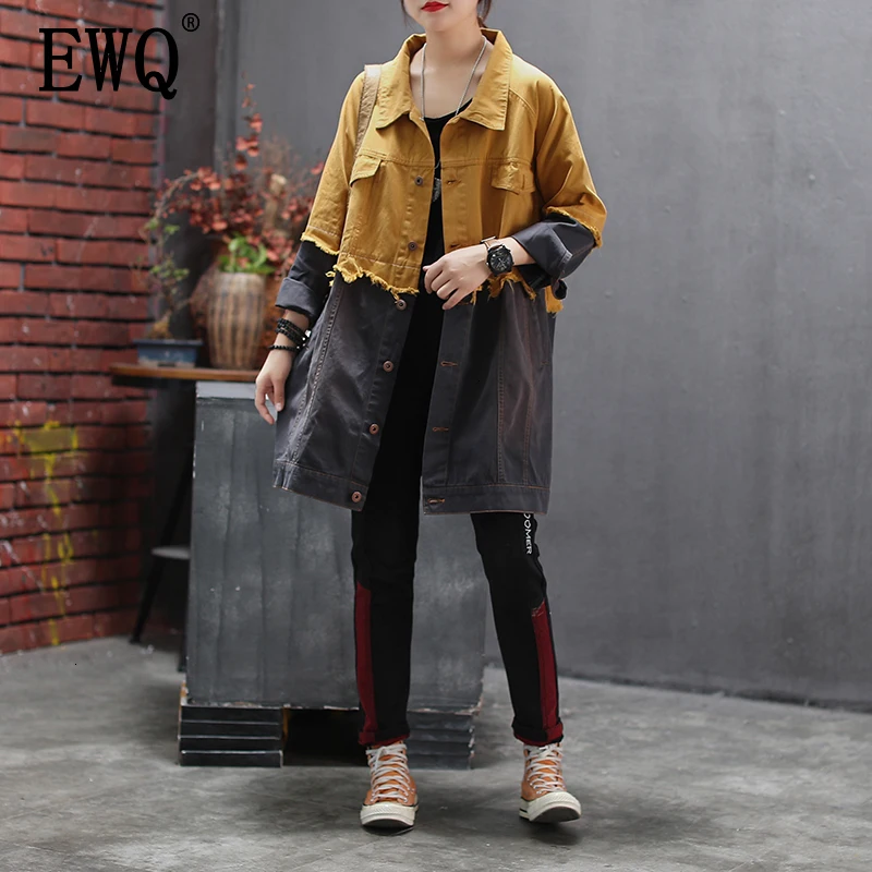 

[EWQ] 2019 Spring Autumn Lapel Long Sleeve Hit Colors Single Breasted Vintage Loose Windbreaker Female Jacket Women AH51302