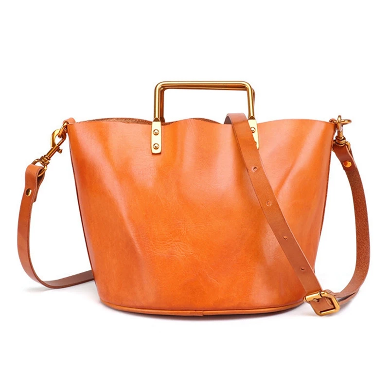 

ABZC-Handmade Shoulder-Slung Back Portable Female Ladies Leather Vegetable Tanned Cowhide Bag in the Bag Tote Bag Retro Child