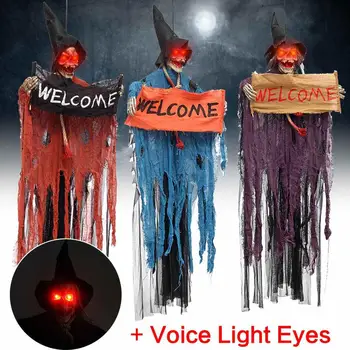 

Halloween Hanging Ghost Voice Electric Skull Skeleton Ghost Welcome Sign Horror Props Haunted House Bar Decoration Escape Horror