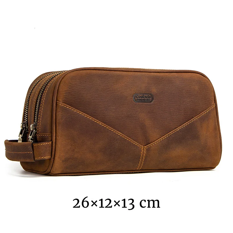 Contact's Men Makeup Bag Genuine Leather Large Waterproof Cosmetic Travel Bags Women Toiletry Organizer Big Wash Bag Zipper Case - Цвет: Coffee Big