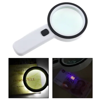 

90MM 30X Handheld Optical Glass Magnifying Magnifier with LED Light and UV Lights for Antique Appreciate Reading