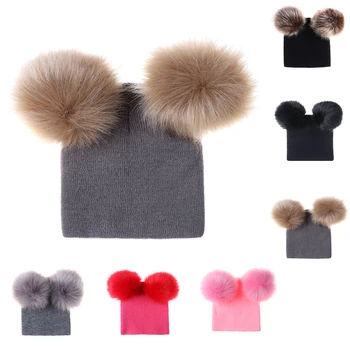 

Fashion Autumn Winter Pullover Cap Baby Double Ball Knit Hat Imitation Fox Fur Ball Detachable Thick Warm Knitted Sweater Cap