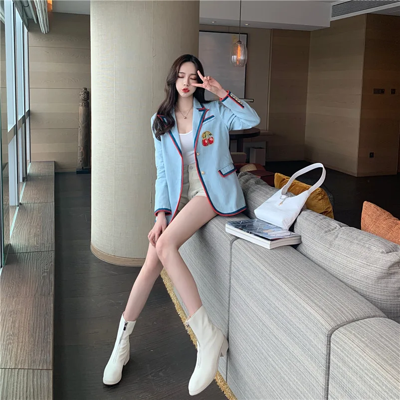 

Online Celebrity Style Korean Style Graceful Versatile Contrast Color Binding Cowboy Slim Fit Small Suit Coat Women's