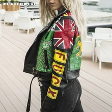ZURICHOUSE Punk Rivet Leather Jacket Women Cropped Top Coat Street Style Fashioin Graffiti Print Imitation Leather Moto Jackets