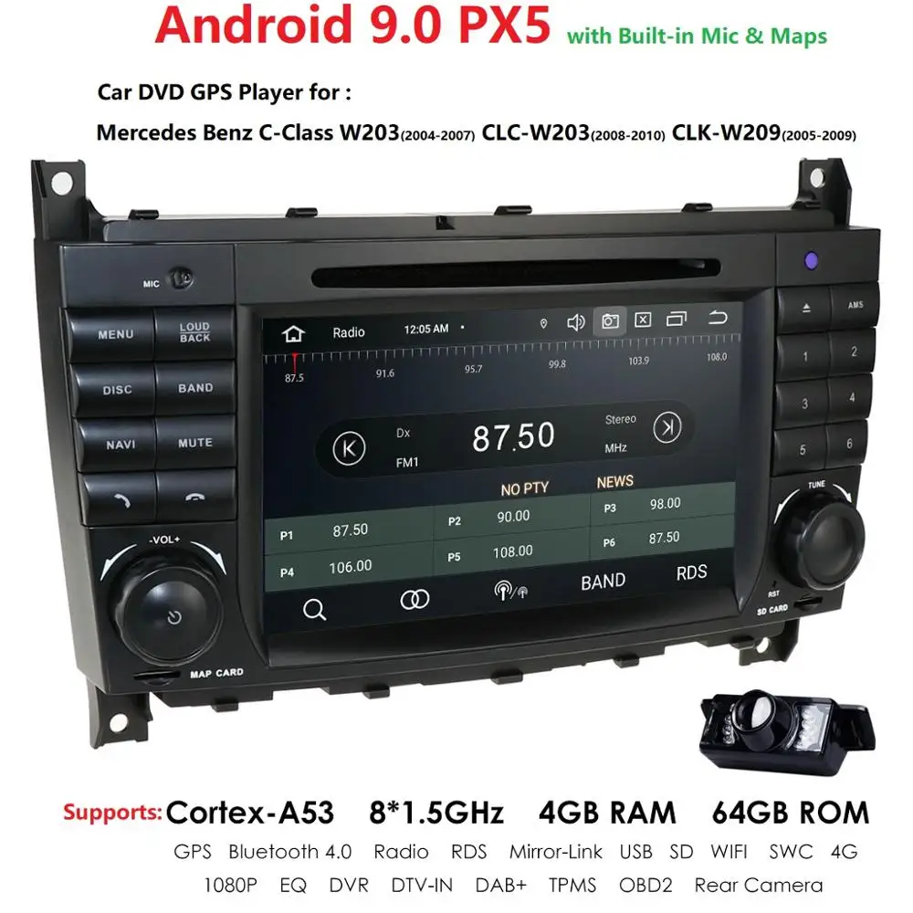 4G 64G 2 Din Авто Радио Android 9,0 для Mercedes/Benz/c-класс W203 C180 C200 C220 C230 C300 CLK200 CLK W209 CLC W203 Мультимедиа