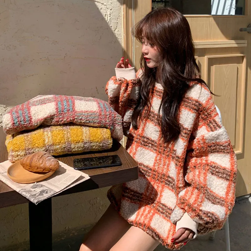 Joinyouth Harajuku, Корейская одежда, клетчатая, свободная, ropa mujer, кашемировая, утолщенная, теплая толстовка, дикая, с круглым вырезом, модные толстовки 214 - Цвет: Оранжевый