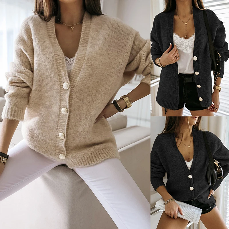 

Autumn Outerwear Single Breasted Solid Loose Knitwear V Neck Coat Knit Cardigans Sweaters Comfortable Knit Loose Sweater