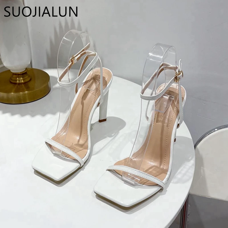 SUOJIALUN Summer Narrow Band Women Sandals Shoes Thin High Heel Square Toe Ladies Ankle Buckle Strap Sexy Dress Pumps S women high heels platform high heels sandals ankle buckle sandals