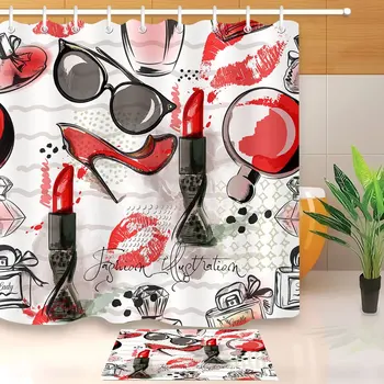 

Girls Make Up Lipsticks Girly Shower Curtain, Feminine Sunglasses Perfume High Heels Shower Curtain Hooks Bathroom Sets with