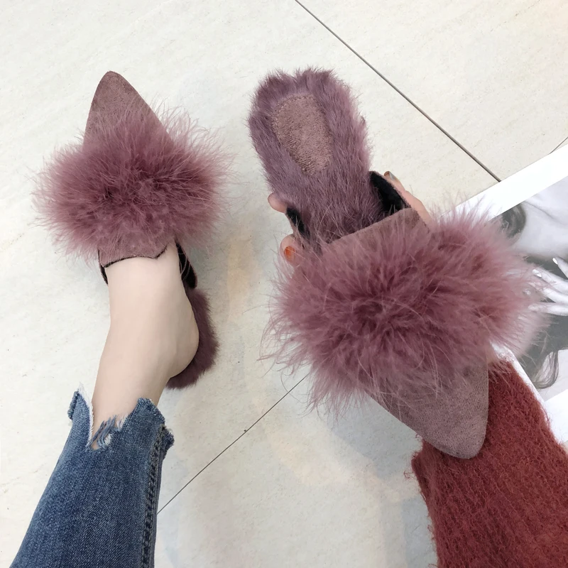 

Pointed Toe Luxury Slides Shoes Without Heel Women's Slippers 2019 Flock Pokemon Plush Designer Flat New Fur Soft Casual