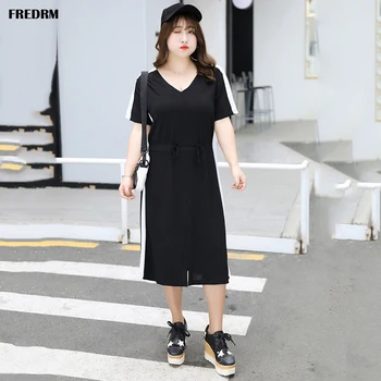 

FREDRM Plus Size Dresses 2020 Women New Summer Spring elastic waist Patchwork short Sleeve Ladies 6XL Female V-neck Dress