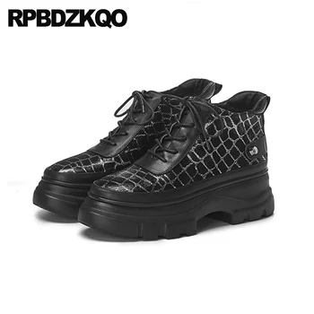 

Round Toe Shoes High Heel Muffin Platform Women Front Lace Up Casual Ankle Boots Autumn Booties Flatform Fashion Black Wedge