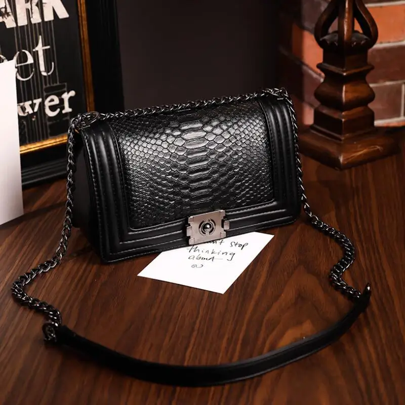 25cm black Bolsa feminina Сумки на цепи через плечо для женщин роскошные сумки женские сумки дизайнерские змеиная кожа женская сумка для девочек сумки на плечо - Цвет: 25cm black