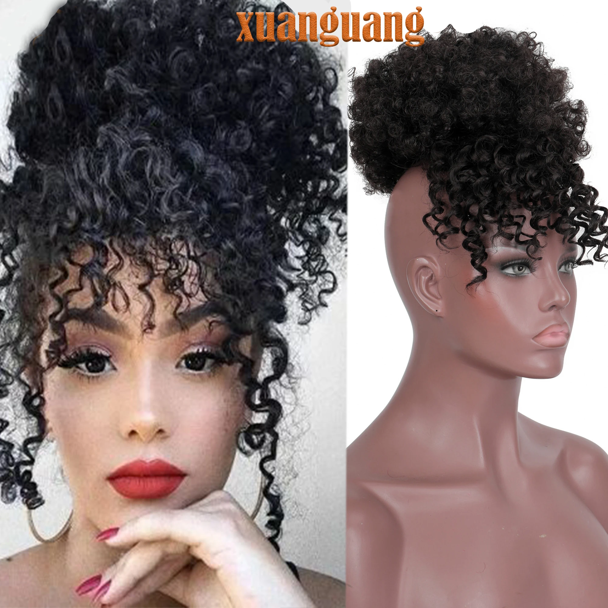 

XUANGUANG Synthetic High Temperature Resistant African Curly Hair Fake Curly Bangs Hairpin In a Wig Ponytail Drawstring Clip In