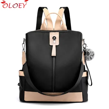 

Multifunctional anti-theft women's backpack plush tassel contrast color teenage girl large capacity simple leisure travel bag Mo