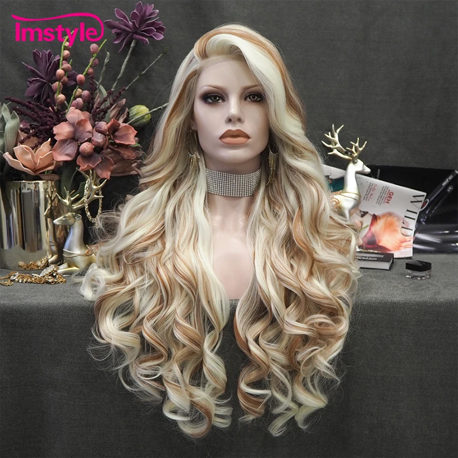 Synthetic Lace Front Wig Highlight Blonde Brown Long Wavy Wigs Heat Resistant Fiber Hair Mixed Color For Women,lace front wig synthetic wig lace wig