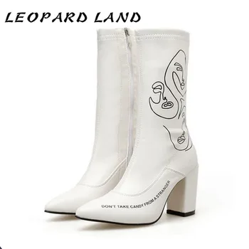 

LEOPARD LAND 2019 Black White Poiny Toe Mid Calf Boot New Martin Boots Thick Matching High Heel Boots Women's Boots JXQ