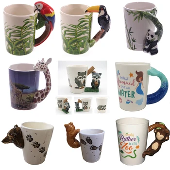 

Cute Parrot Raccoon Woodpecker Monkey Wolf Head 3D Stereo Bird Ceramic Mark Cup Water Cup Panda Cup Hand Painted 3D Animal Cup