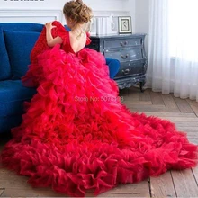 Коллекция 124 года, модные красные платья с цветочным узором для девочек фатиновые Детские платья для дня рождения с вырезом лодочкой и v-образным вырезом на спине, длина до пола