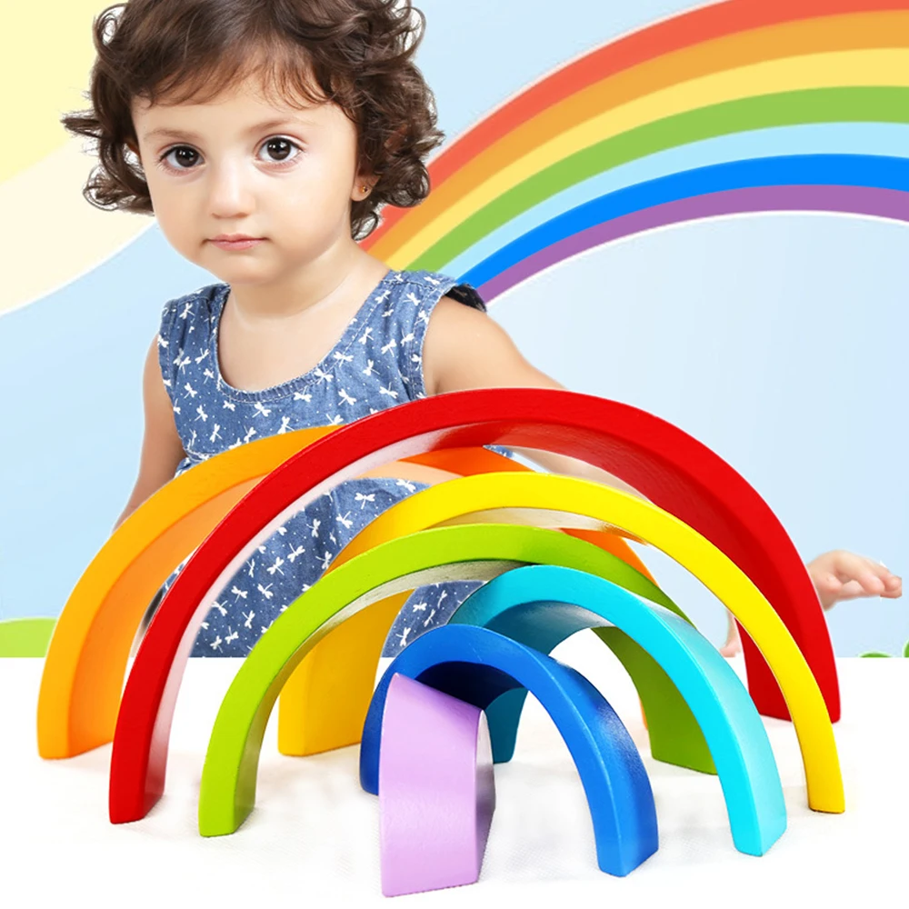 Montessori Wooden Rainbow Puzzle Colored Arch Bridge Assemble / educational / Toy Building Blocks Set Shapes Sorting Preschool