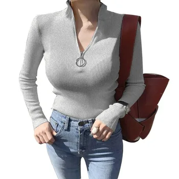 

Casual Zipper Sweater Women Turtleneck Elastic Knitted Long Sleeve Black Pullovers Spring Female Jumper Soft Plus Size Feminino