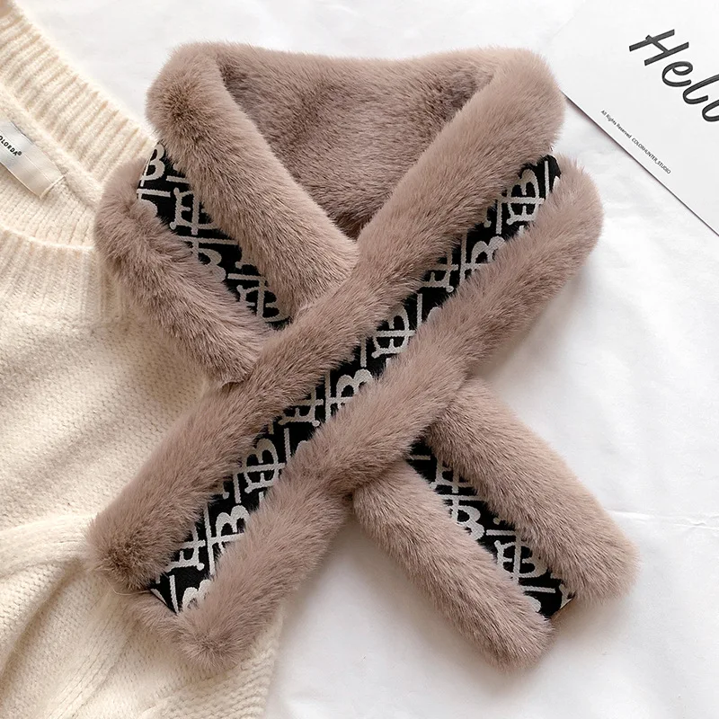 

European and American new wool scarf thickened warm letters lazy rabbit fur feel scarf cross scarf