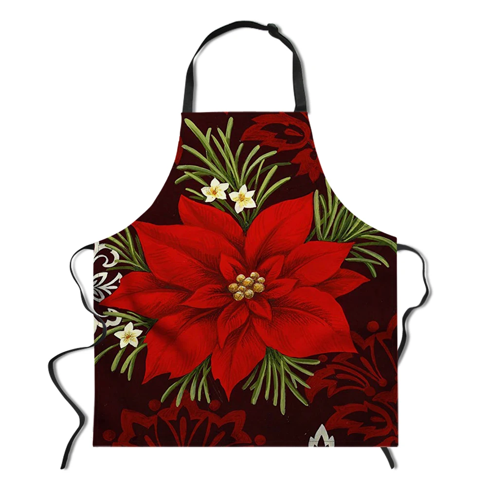 

Red Flower Poinsettia 3D Bbq Grill Accessories Funny Aprons For Woman Black Men Cooking Chef Party Apron Novetly Waiter Aprons