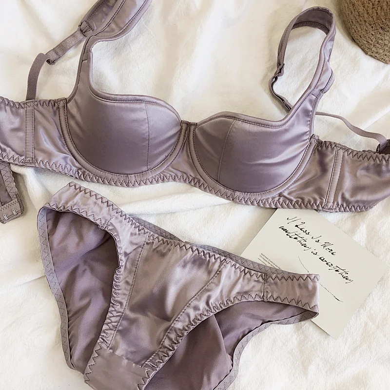Sexy half cup on top of retro style niche underwear set smooth with steel ring bra panties set push up women large size_voghion.com
