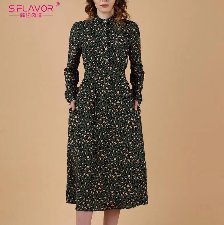 S. FLAVOR женское платье-рубашка с длинным рукавом и принтом элегантное платье с отложным воротником повседневные весенние платья облегающие Вечерние Платья Миди - Цвет: green