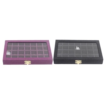 

2Pcs 28 Grids Clear Jewelry Tray Showcase Display Storage Linen Case