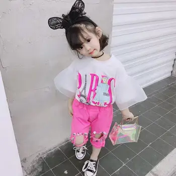 

Summer girls tee Baby t shirt kids tops Children streetwear clothes fashion flare sleeve letter print mesh patch 3 to 8 yrs